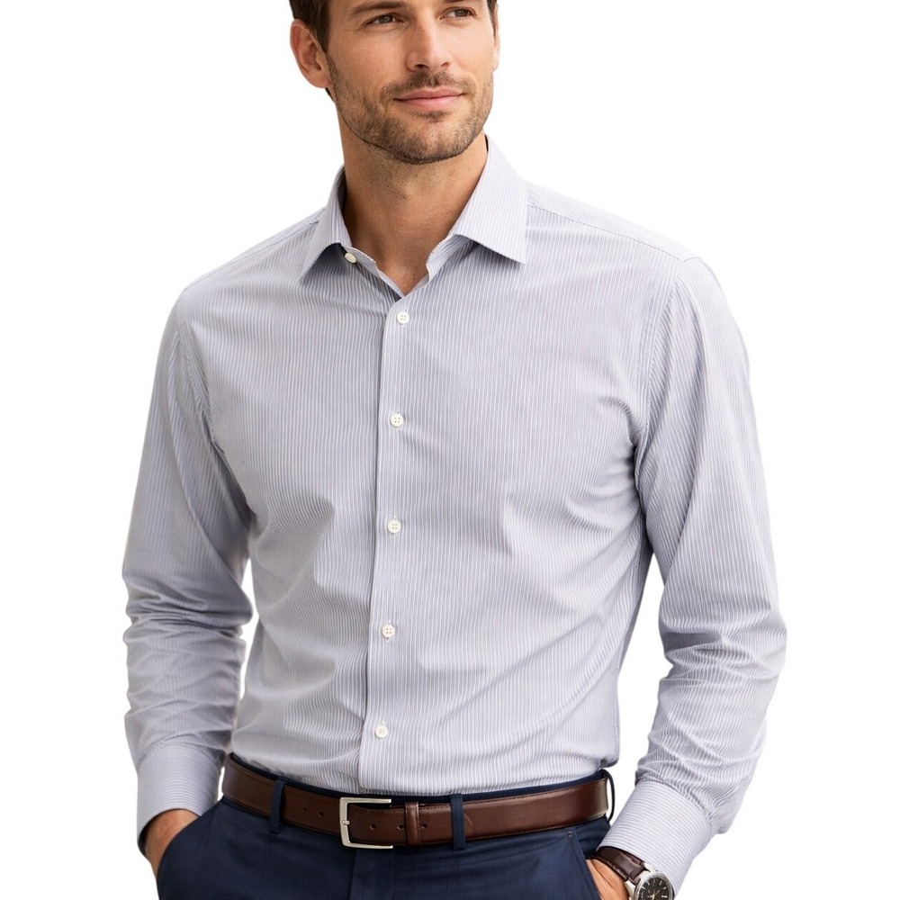 Saks Fifth Avenue XL Button Down Shirt Gray Stripe Cotton Dress Shirt